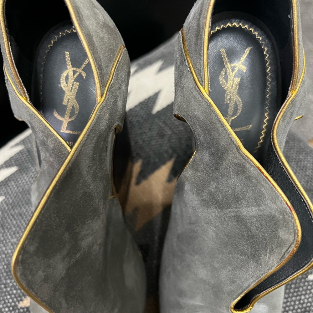 Yves Saint Laurent Gray and Gold Peep-Toe Wedge Heels Suede and Leather - Picture 3 of 5